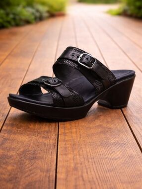 Dansko Jessie Black Lizard Leather Sandals 2 Strap Buckle Comfort Clog Heels 7